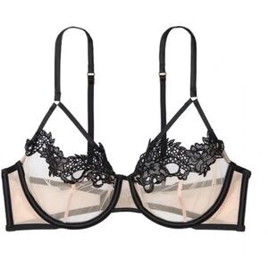 Victoria's Secret Unlined black Lace Balconette nude mesh Bra 34DD